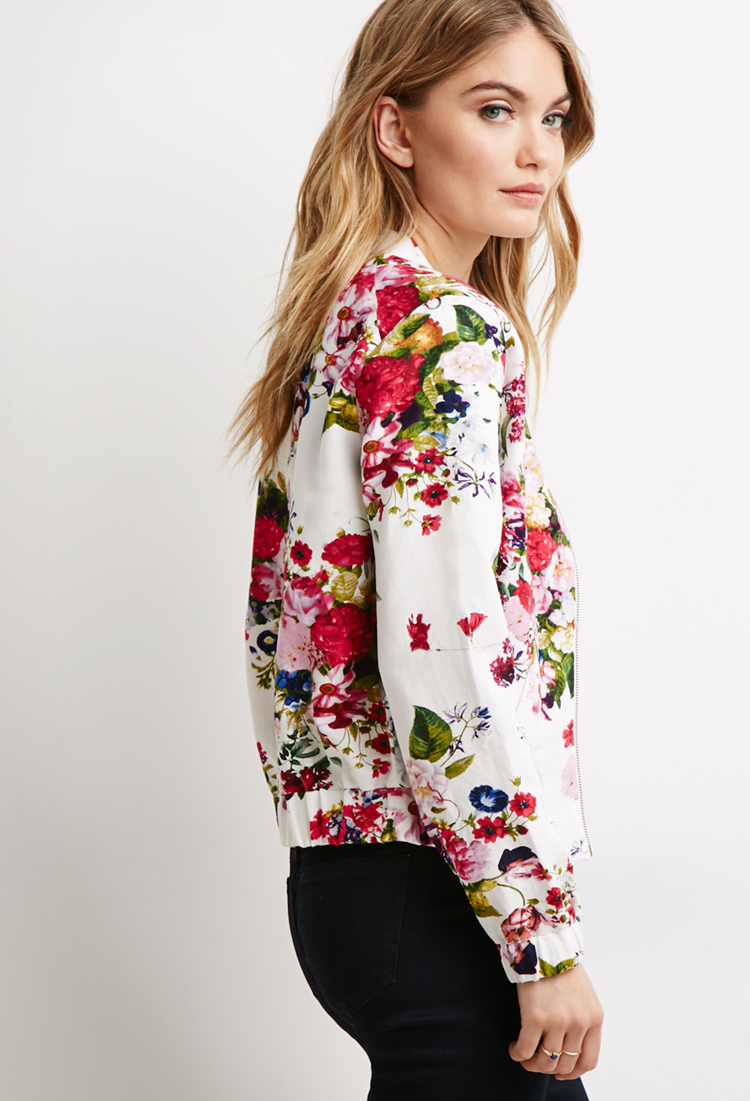 Forever 21 Contemporary Floral Print Bomber Jacket | Lyst