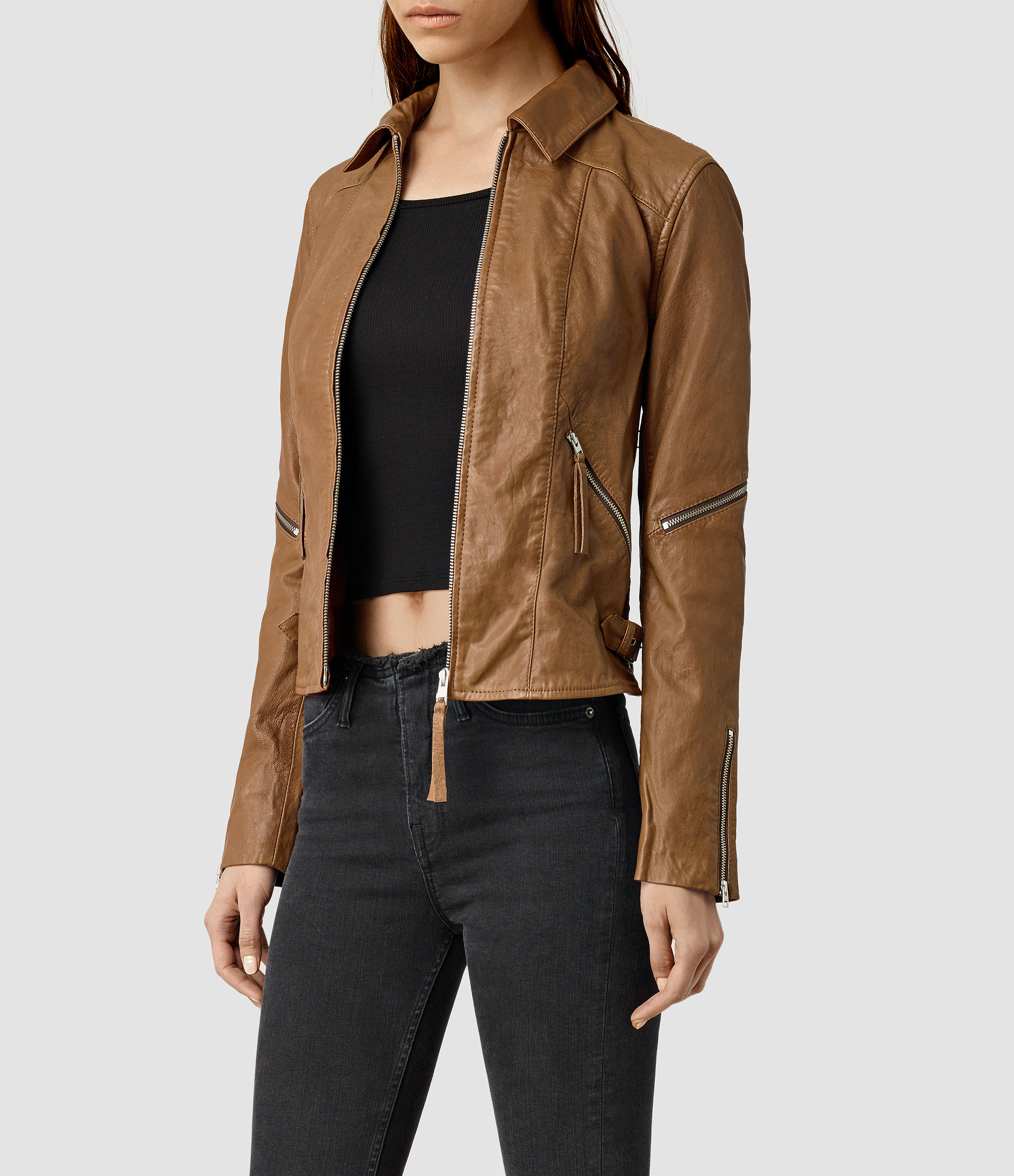 all saints tan leather jacket