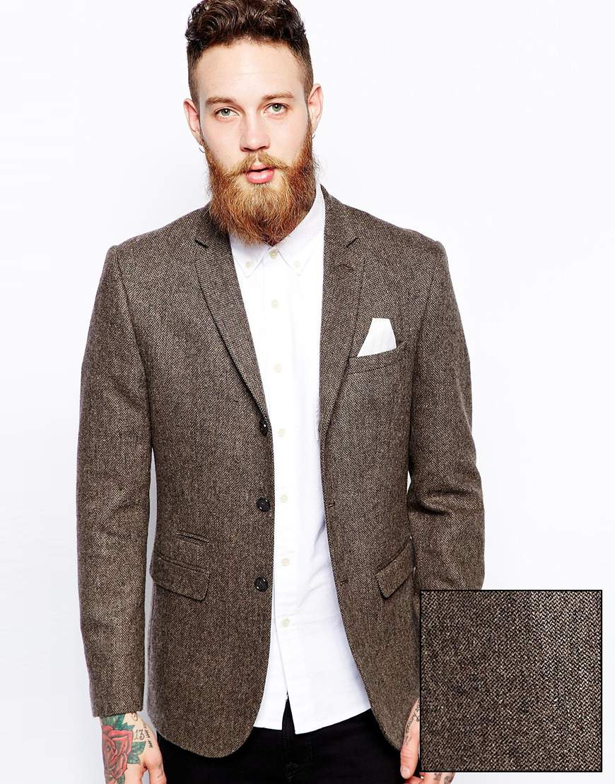 ASOS Slim Fit Blazer In Tweed in Brown for Men - Lyst