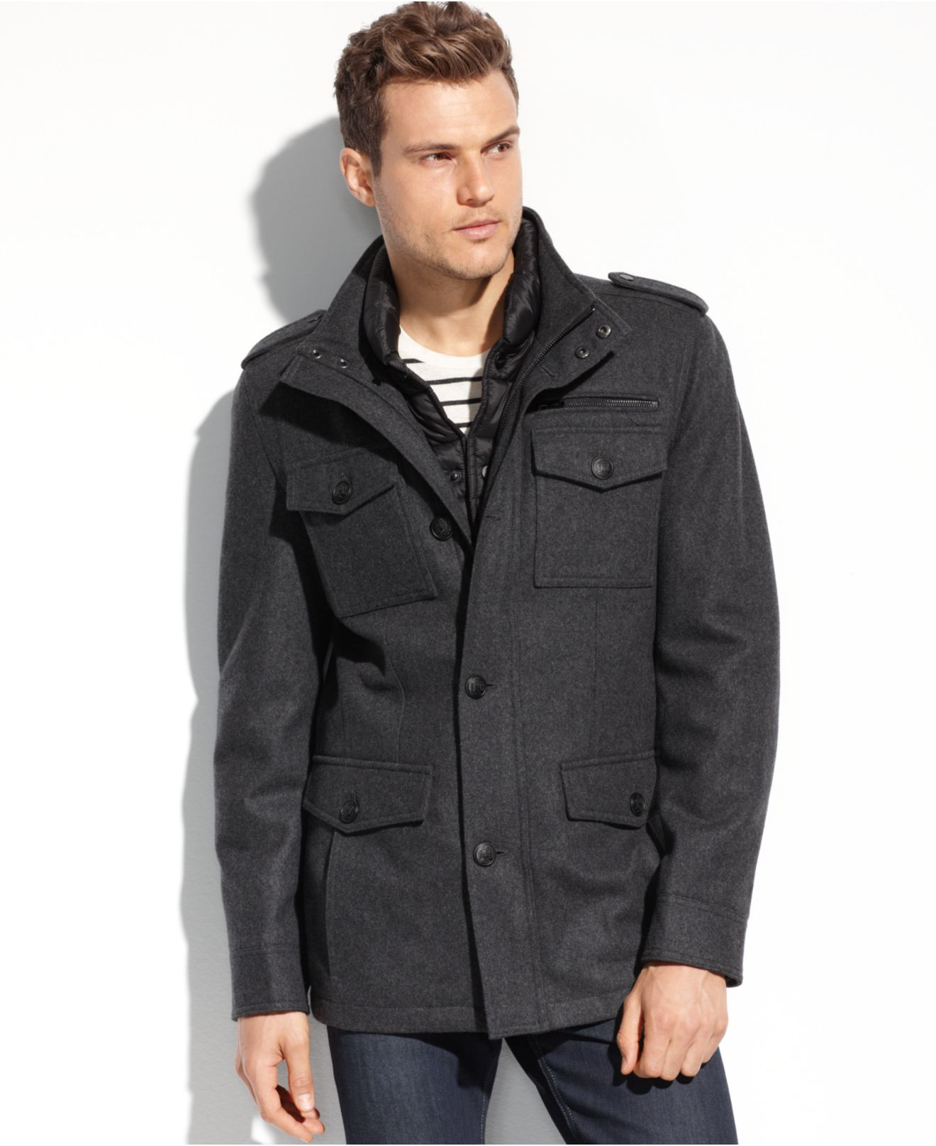 Guess Coats, Wool-Blend Military Coat With Removable Puffer Bib in Black  for Men | Lyst