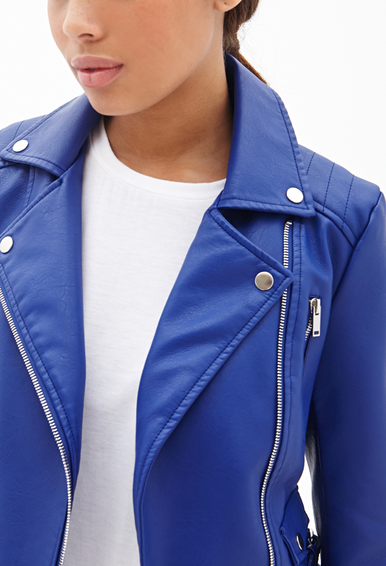 Forever 21 Faux Leather Moto Jacket in Blue | Lyst