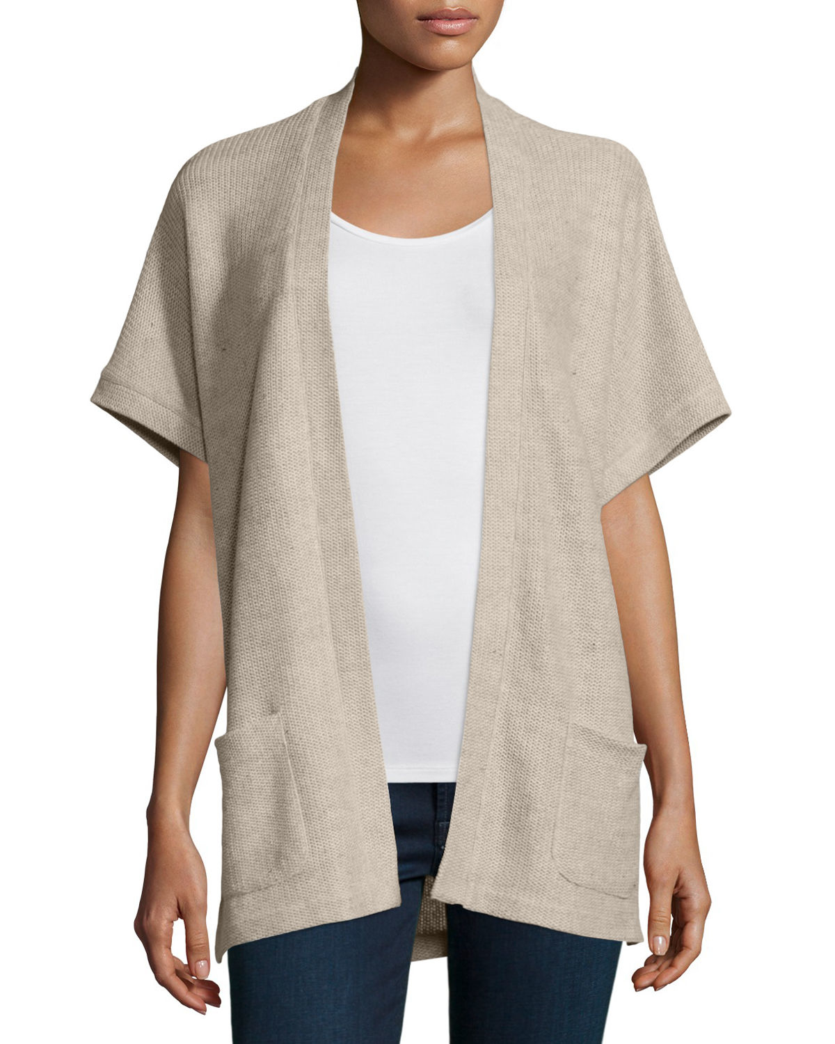 Lyst - Neiman Marcus Linen-cotton Short-sleeve Cardigan in Natural