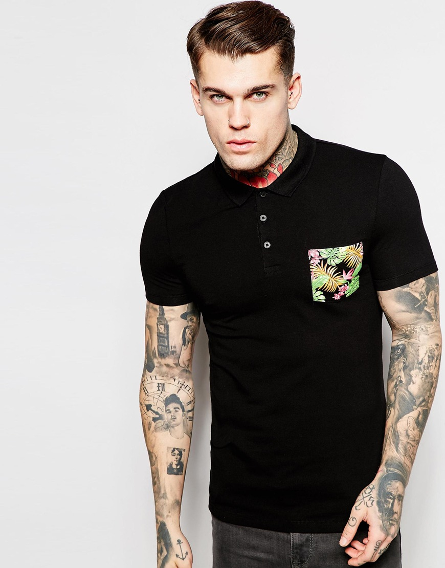 ASOS Extreme Muscle Polo With Floral Pocket in Black for Men - Lyst