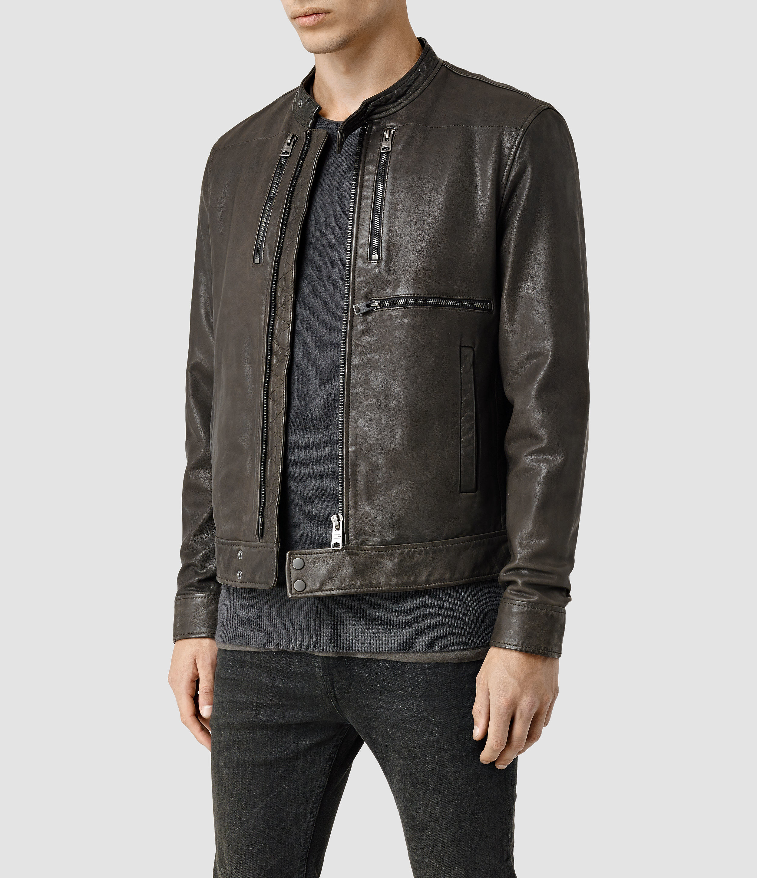 AllSaints Howard Leather Biker Jacket in Anthracite (Brown) for Men - Lyst