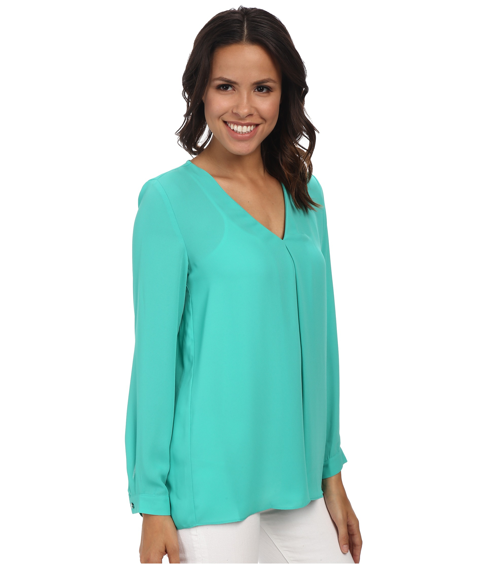 Vince Camuto Long Sleeve V-Neck Blouse W/ Inverted Front Pleat in