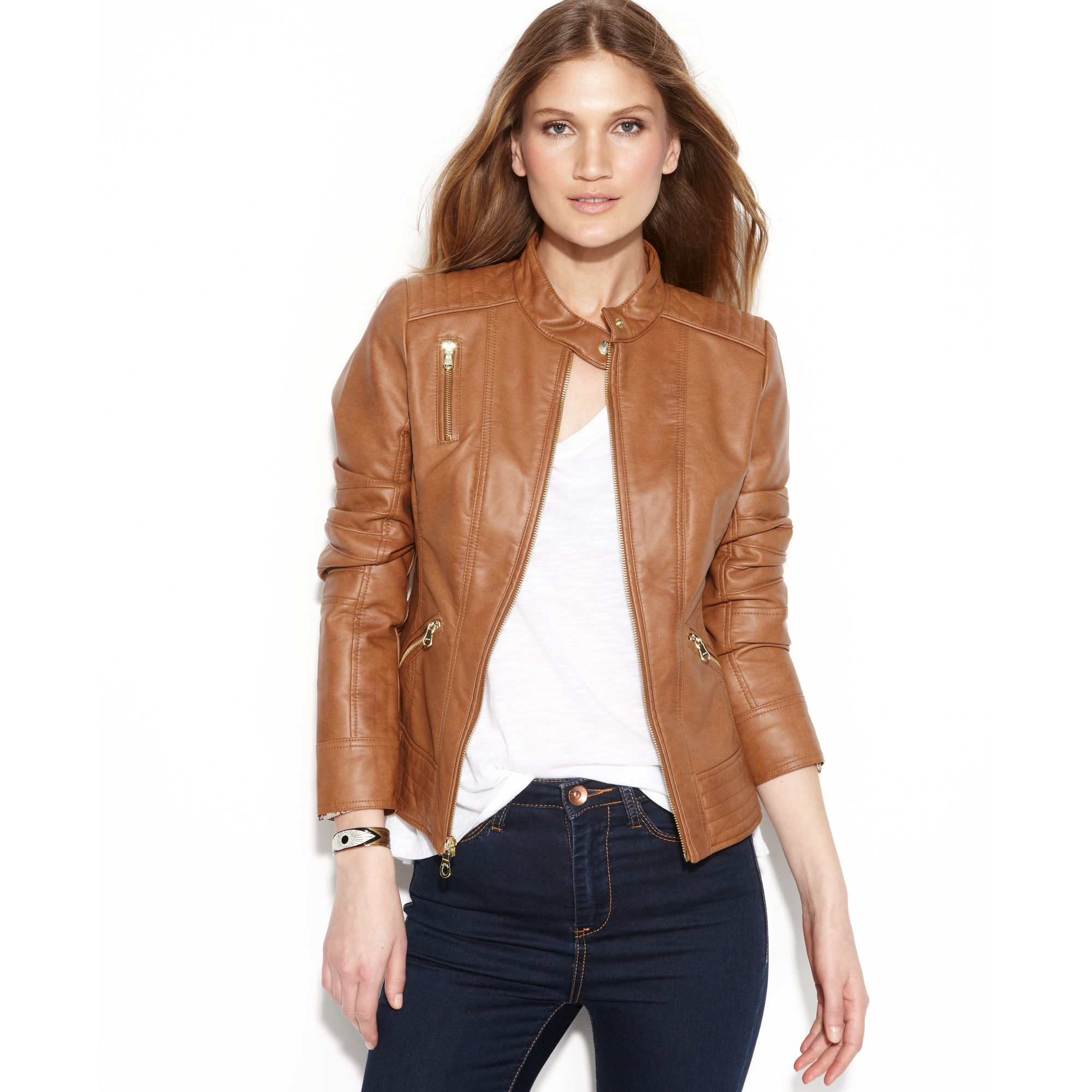 guess tan leather jacket