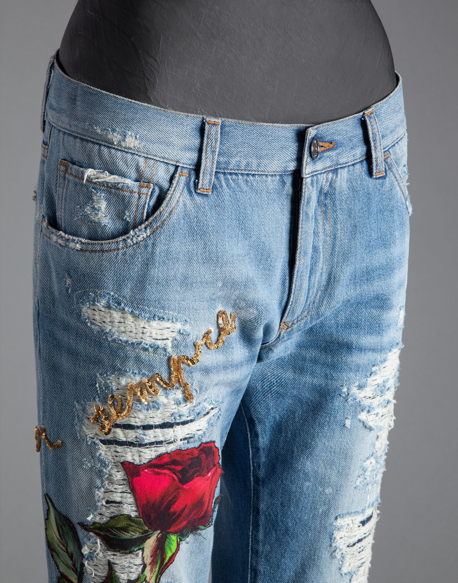 Dolce & Gabbana Baggy Jeans With Embroidered Rose in Blue - Lyst
