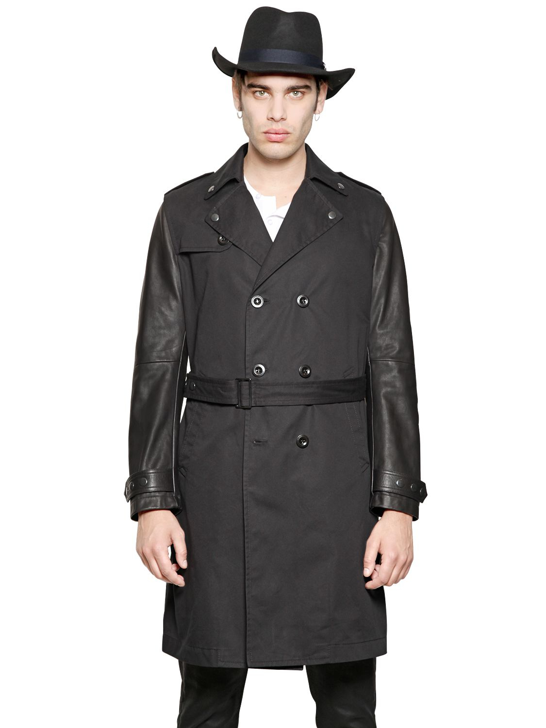 Lyst - Diesel Leather & Cotton Gabardine Trench Coat in Black for Men