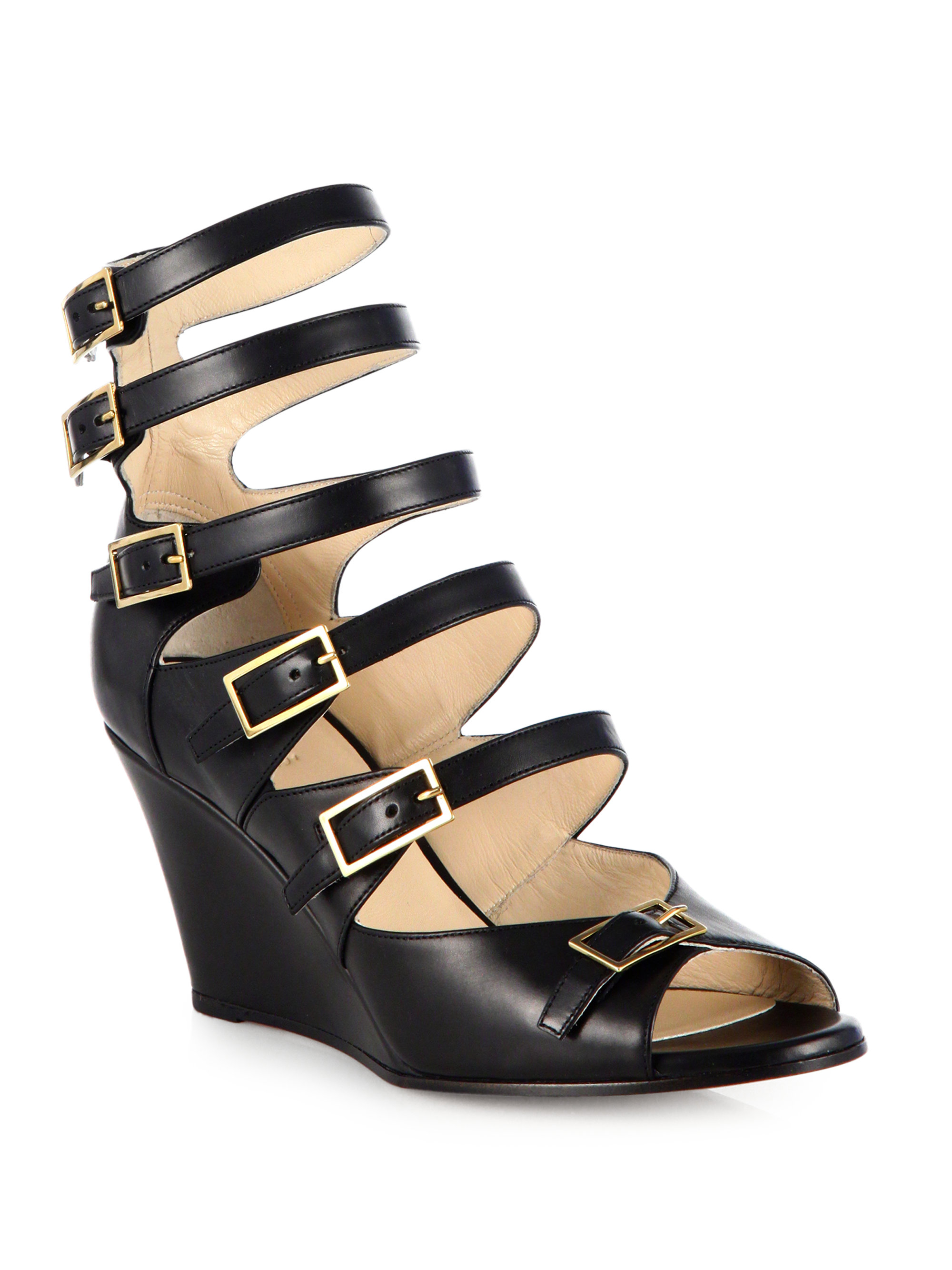 Chloé Strappy Leather Wedge Sandals in Black | Lyst