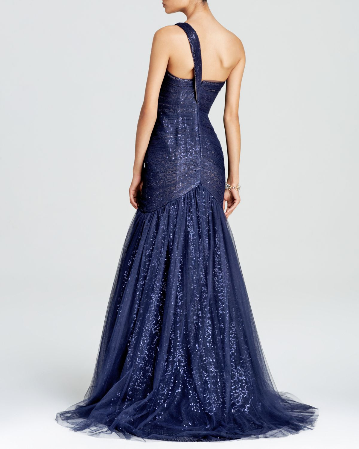 ML Monique Lhuillier Gown - One Shoulder Sequin Tulle in Navy (Blue) - Lyst