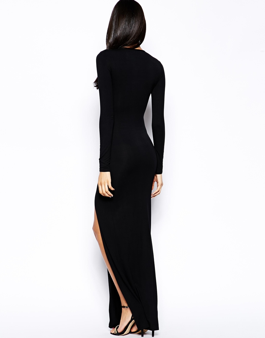 Asos Deep Plunge Maxi Dress With Front Split In Black Lyst