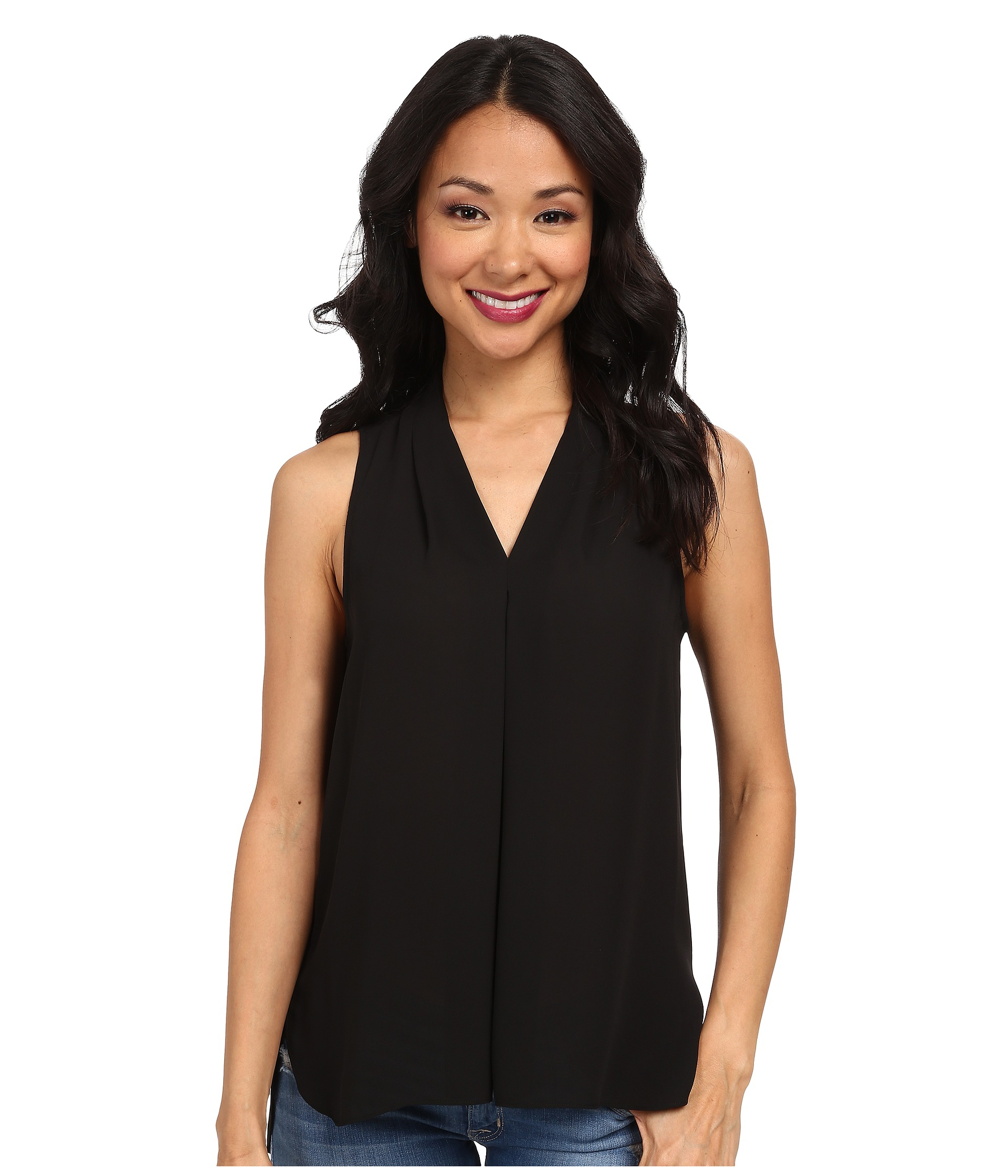 Vince camuto Sleeveless V-neck Blouse W/ Inverted Front Pleat in Black ...