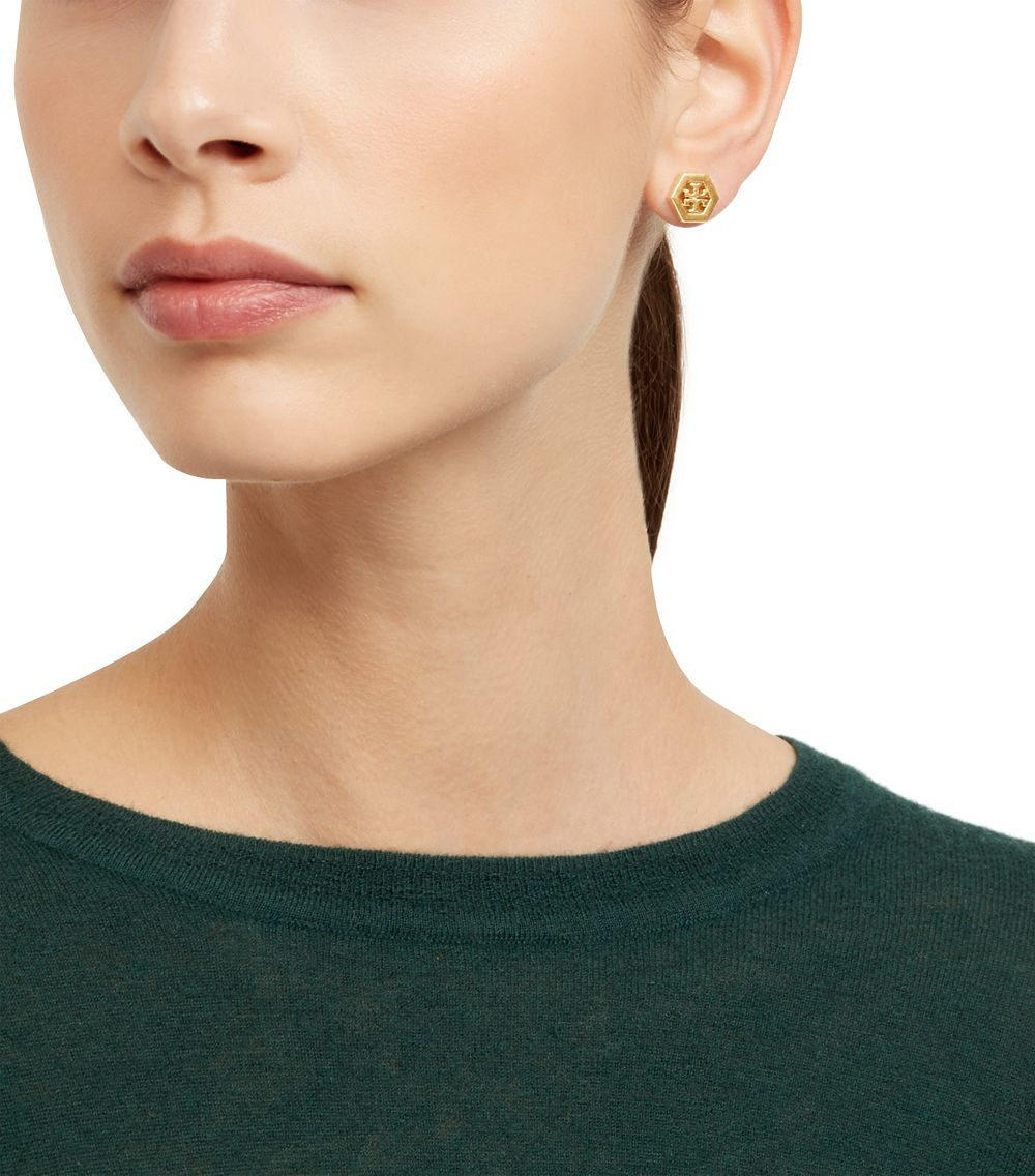 Lyst Tory Burch Hex Logo Stud Earring In Metallic Gallery Women S Logo Earrings
