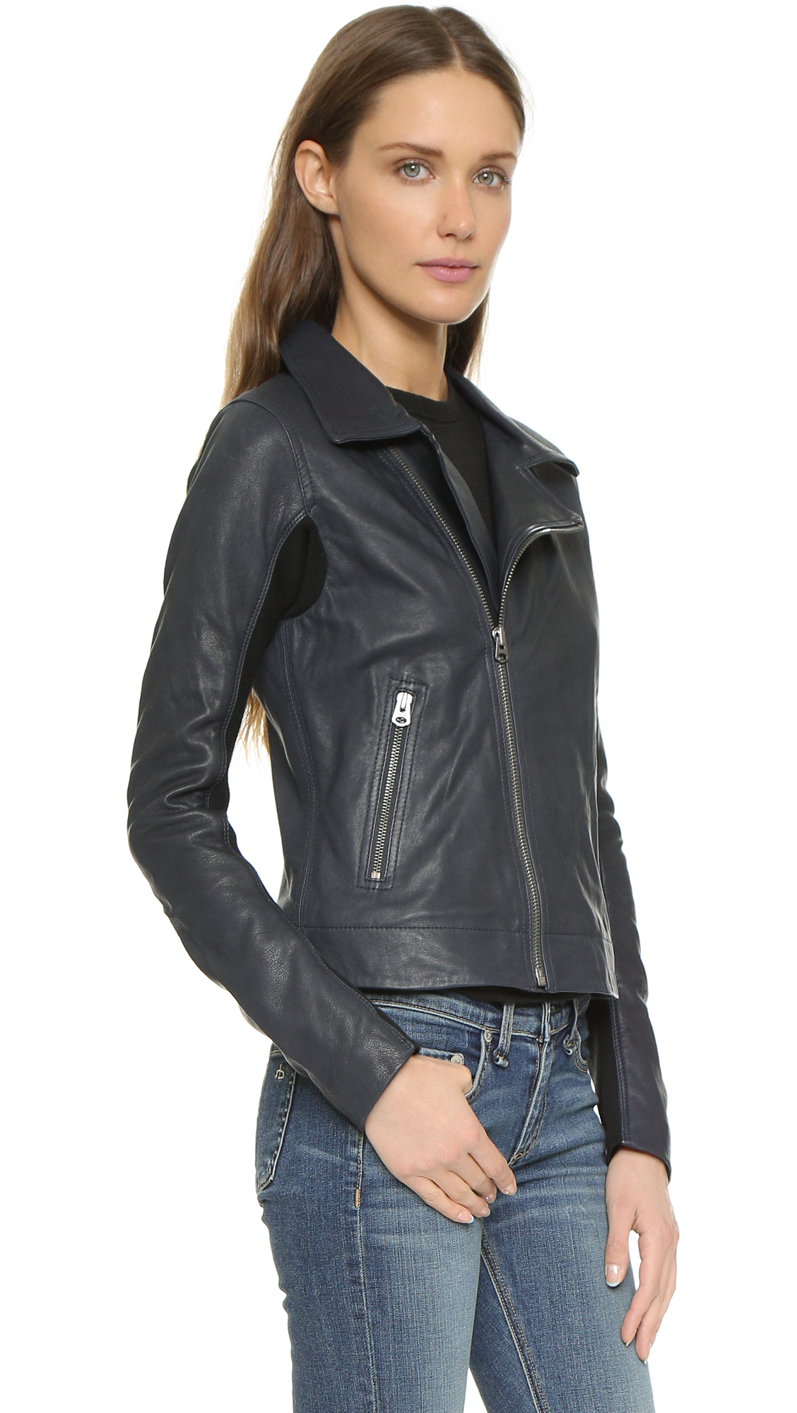 June Blue Slim Fit Leather Moto Jacket Navy