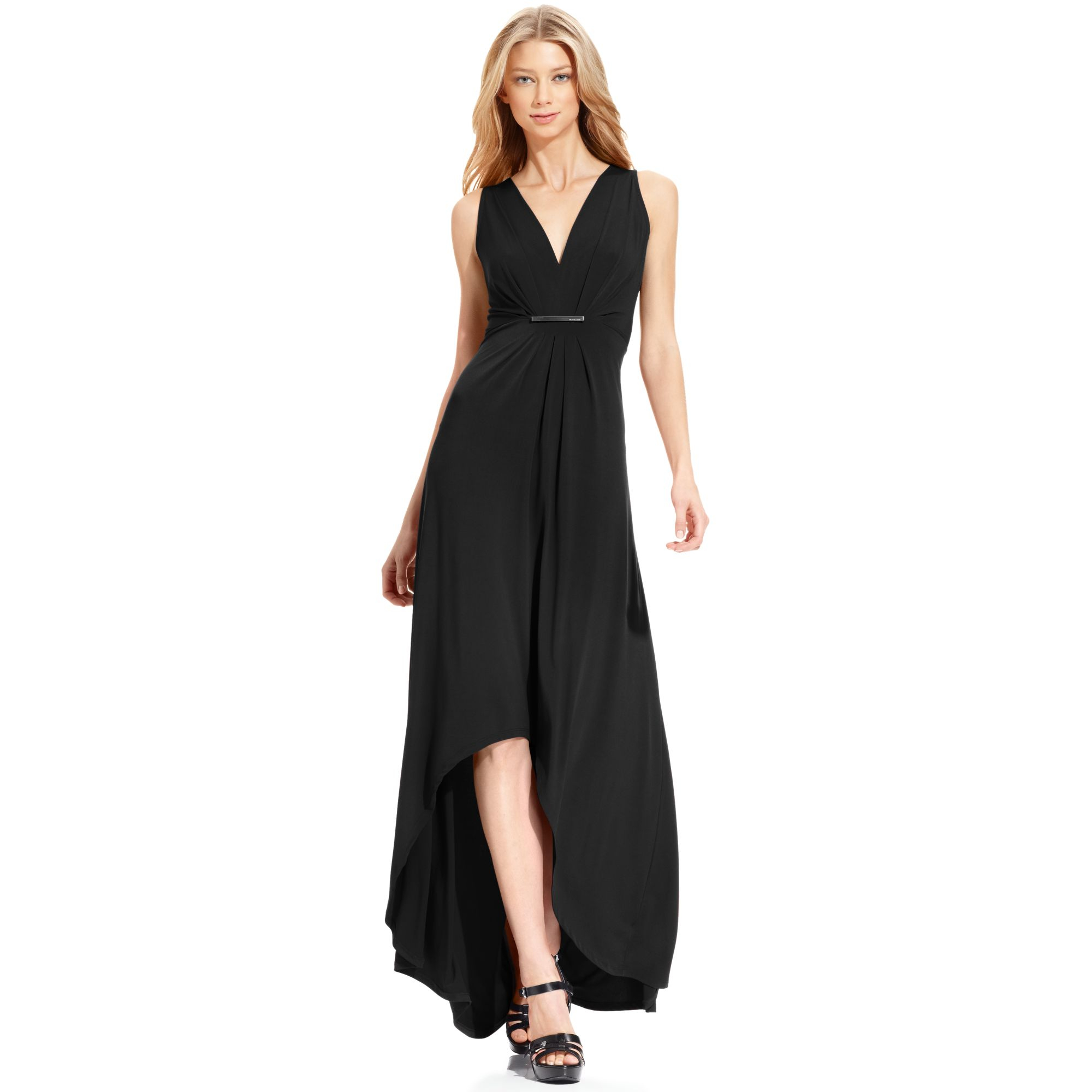 black sleeveless high low dress