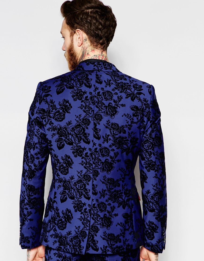 Noose And Monkey Suit Jacket With Stretch And Floral Flocking In Super  Skinny Fit in Blue for Men | Lyst