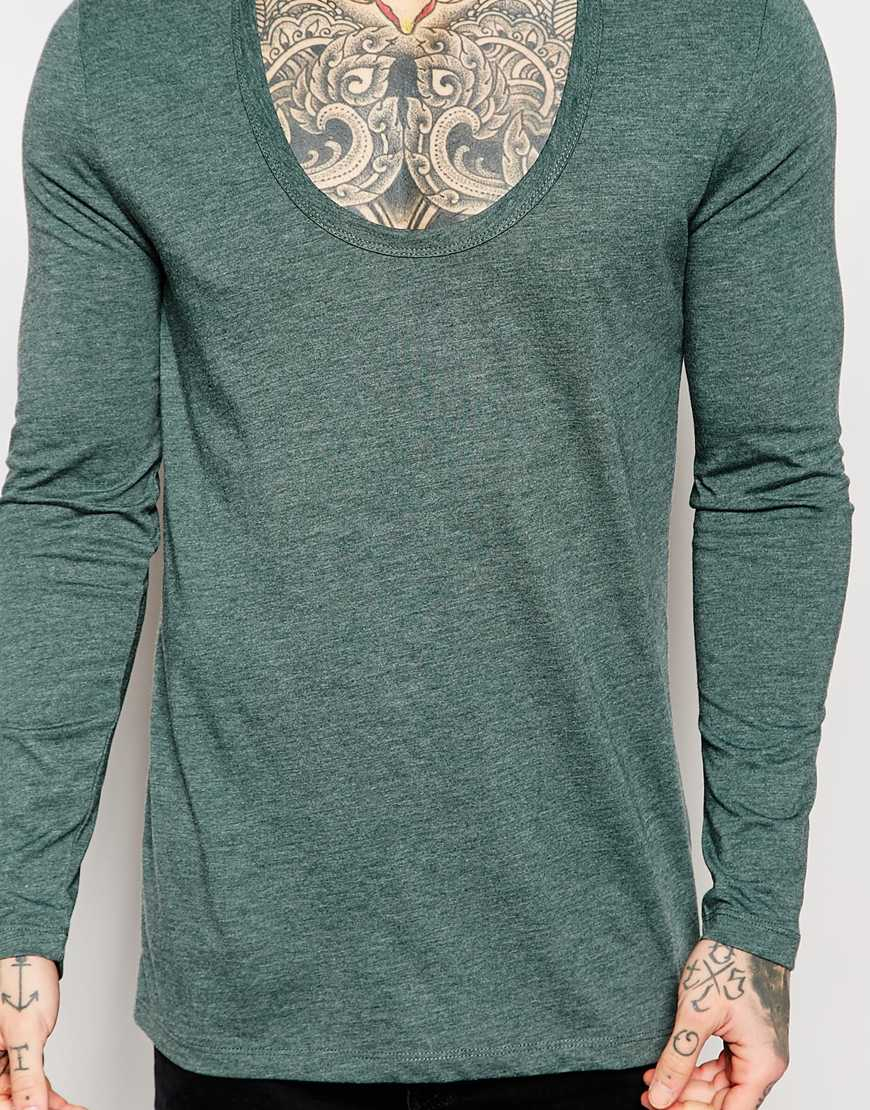 Asos Longline Long Sleeve T-shirt With Deep Scoop Neck in Green for Men ...