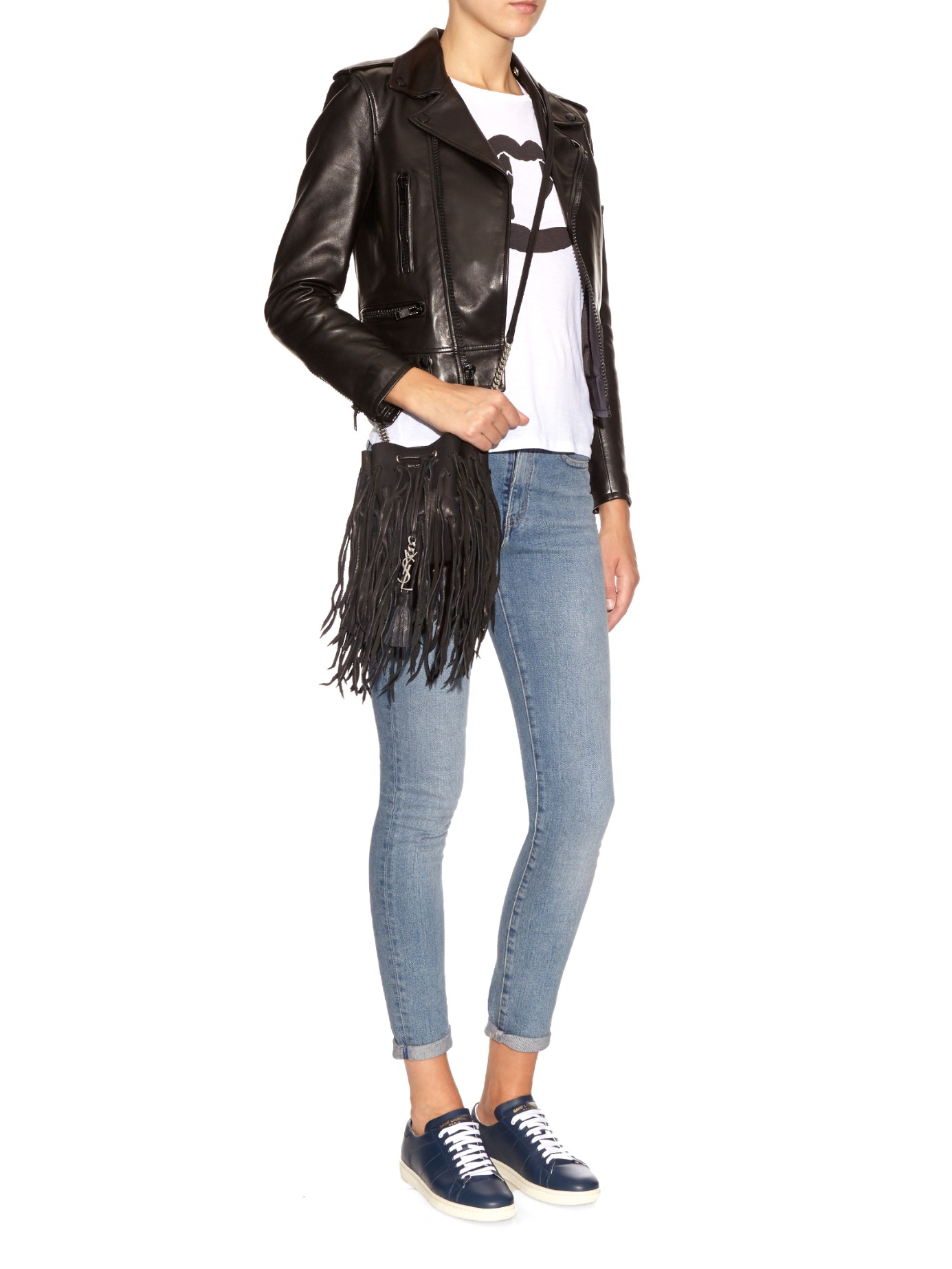 monogram small fringe crossbody bag, black