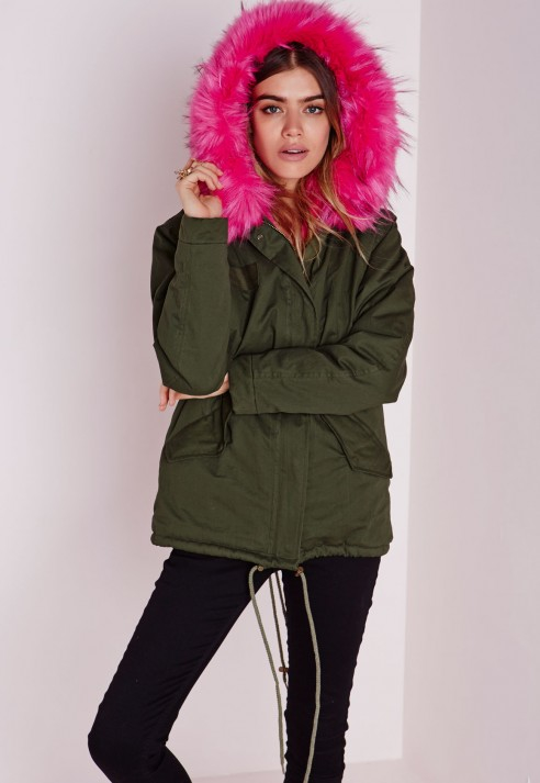 khaki coat with pink fur hood