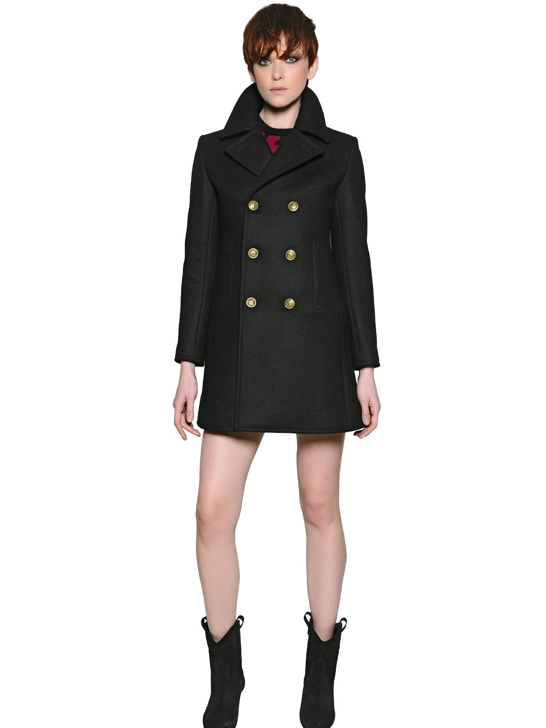 1980s Fox Knapp Vintage Melton Wool Black Pea Coat Womens 18 Whitney Full Length Double Ted Heritage Wool Trench Coat