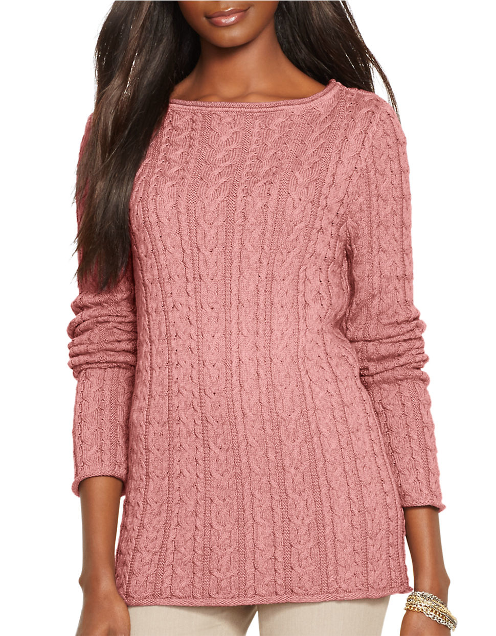 Lauren by Ralph Lauren Petite Cable-knit Cotton Sweater in Pink - Lyst