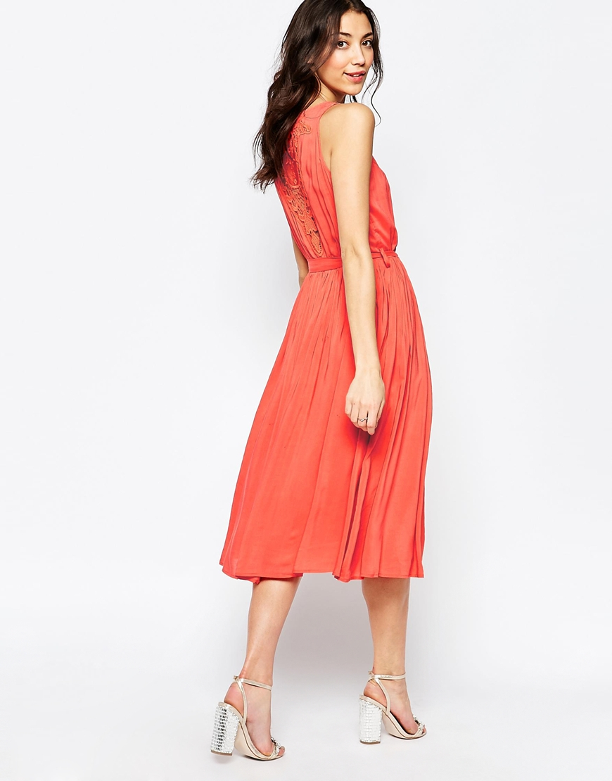 Lavand Pleated Midi Dress With Lace Back In Orange Lyst Gallery