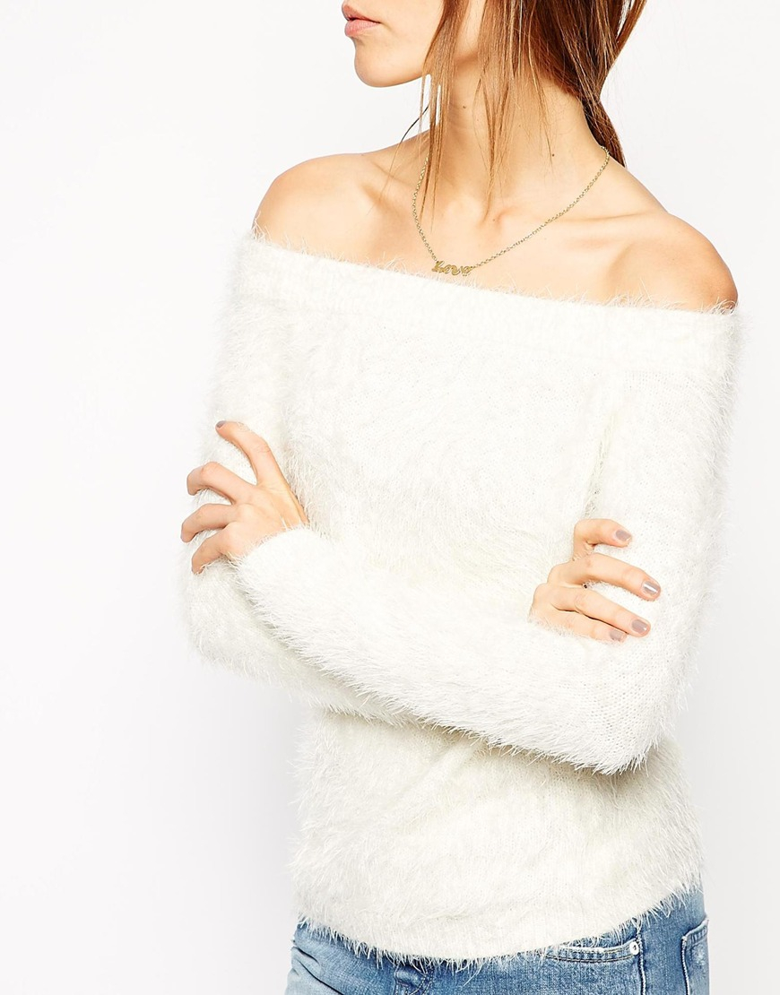 ASOS Off Shoulder Sweater In Fluffy Knit in Natural | Lyst