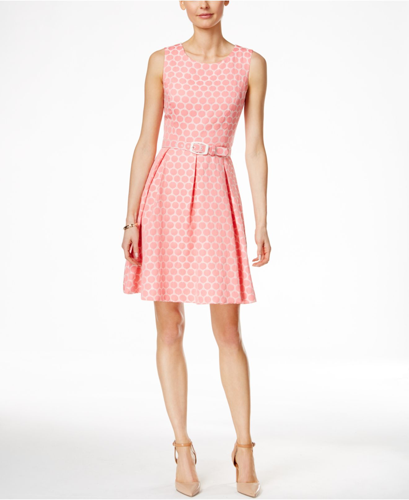 womens pink fit and flare dress