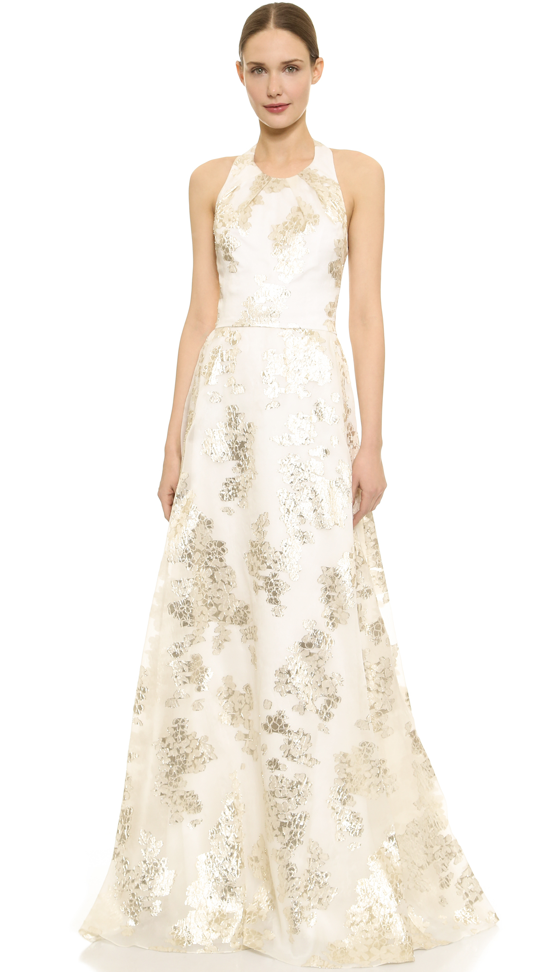 Lyst Lela Rose Jacquard Halter Gown Ivory Gold In Natural Gallery