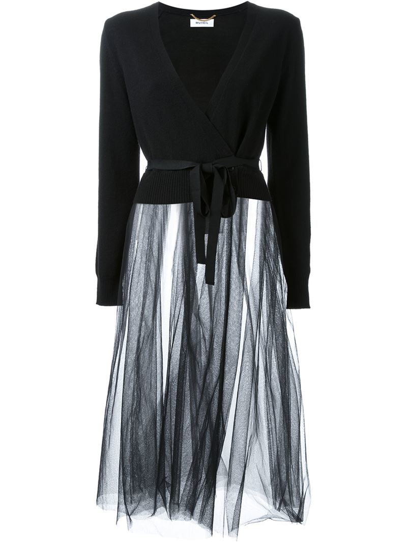 MUVEIL Wool-Blend and Tulle Wrap Dress ...