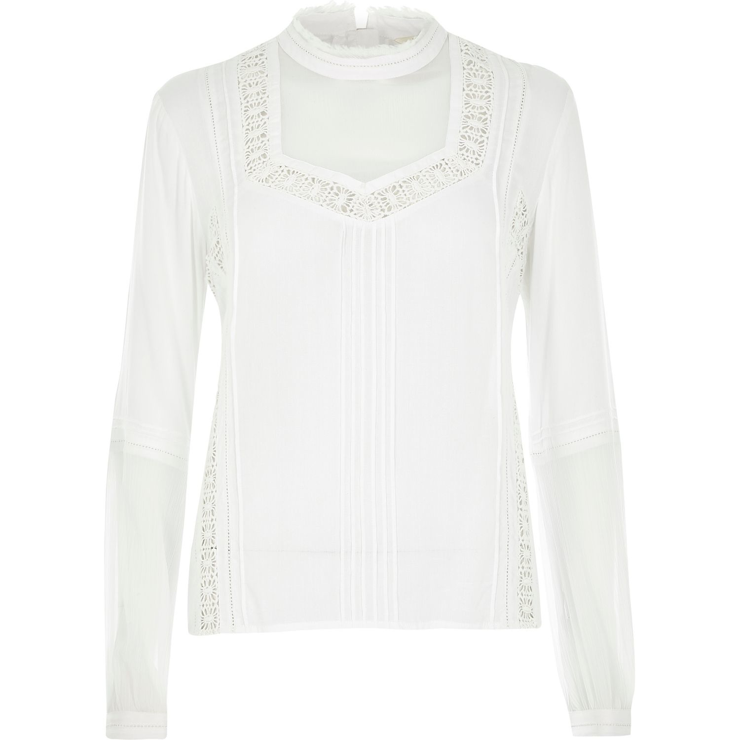 River Island Cream Lace High Neck Blouse in Natural Lyst