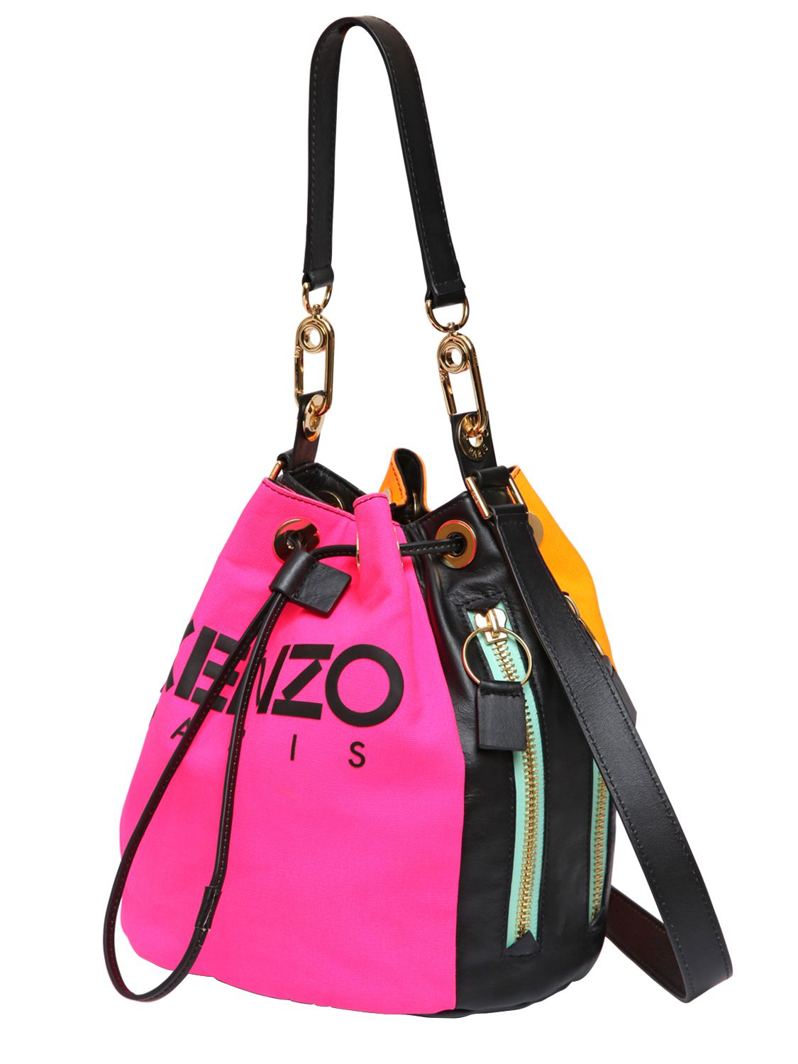 KENZO Two Tone Canvas & Leather Bucket Bag in Fuchsia/Orange 
