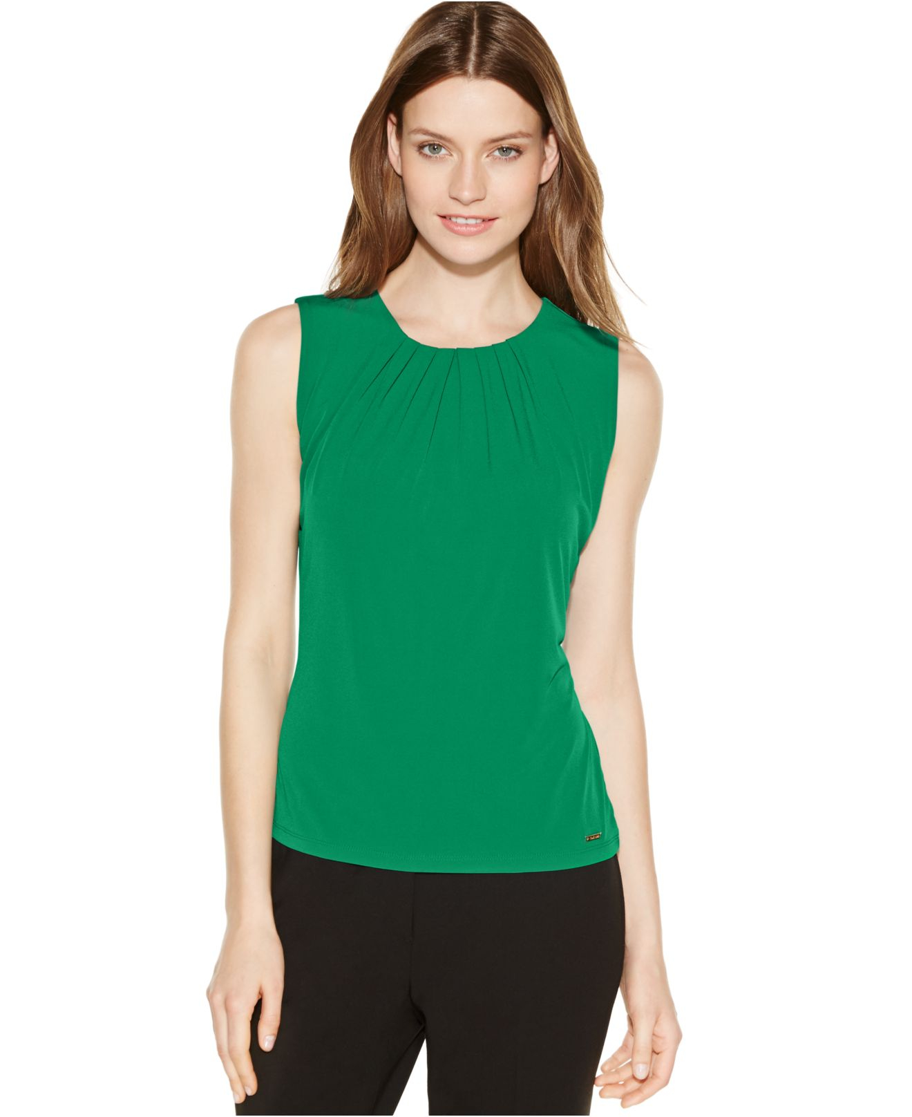 Lyst - Calvin Klein Pleat-Neck Top in Green