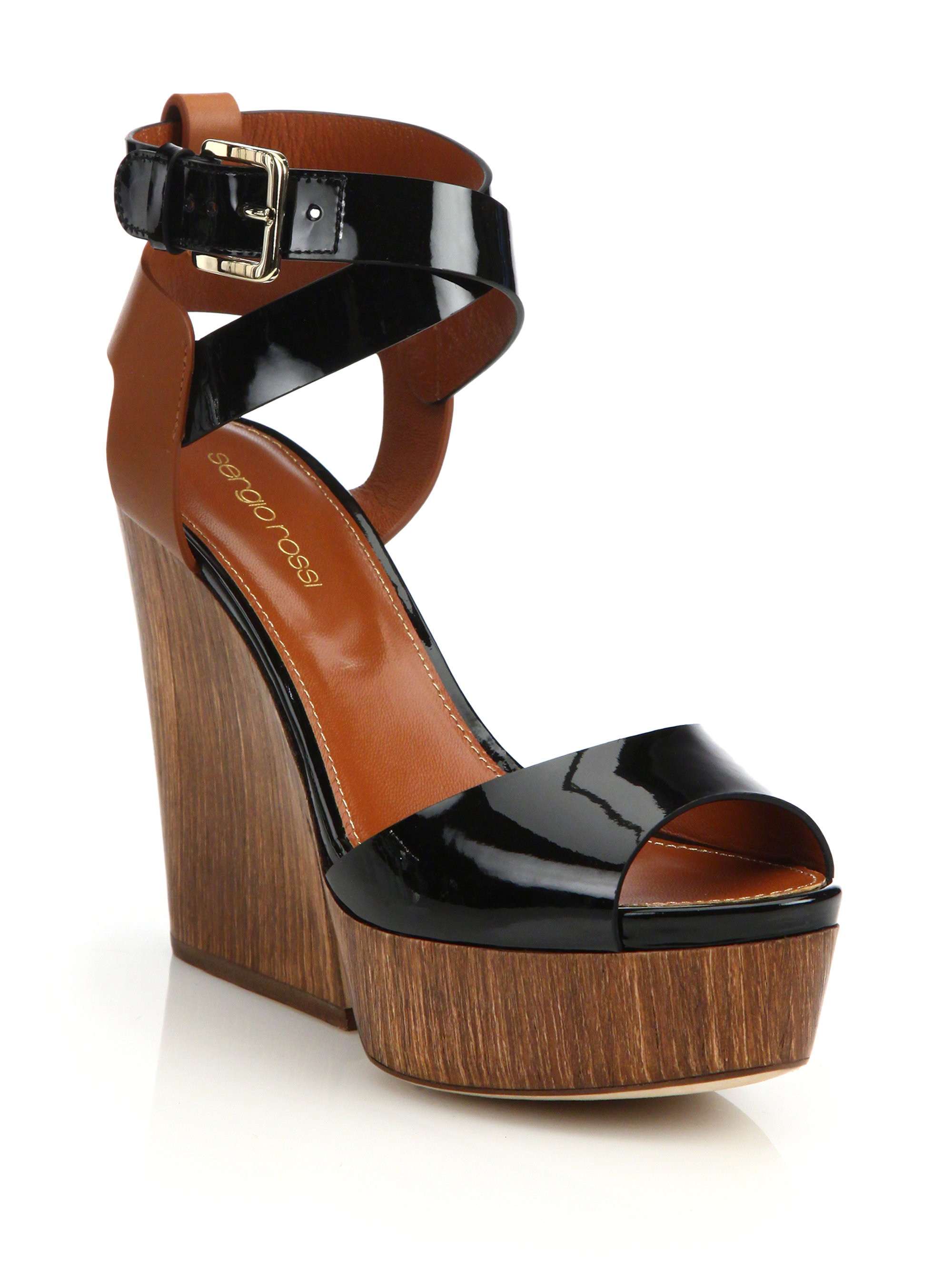 Sergio rossi Capri Wooden Wedge Sandals in Black | Lyst