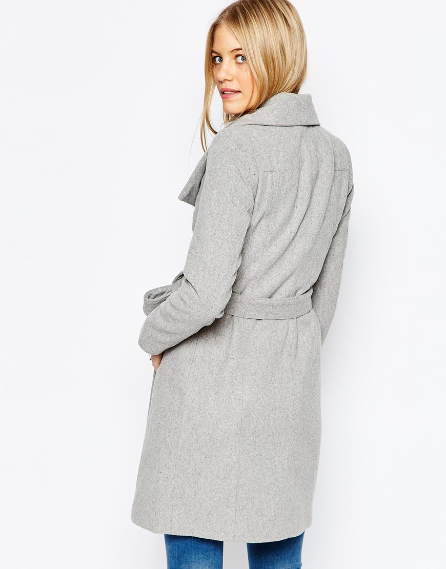 tyran salat Lykkelig Vero Moda Wool Belted Drape Coat in Grey (Gray) - Lyst