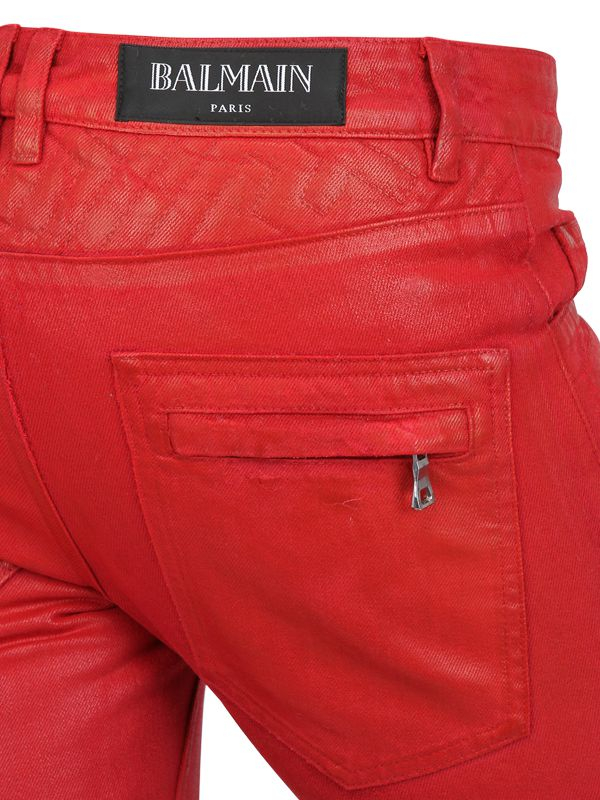 Balmain 18cm Geometric Waxed Denim Biker Jeans in Red for Men | Lyst