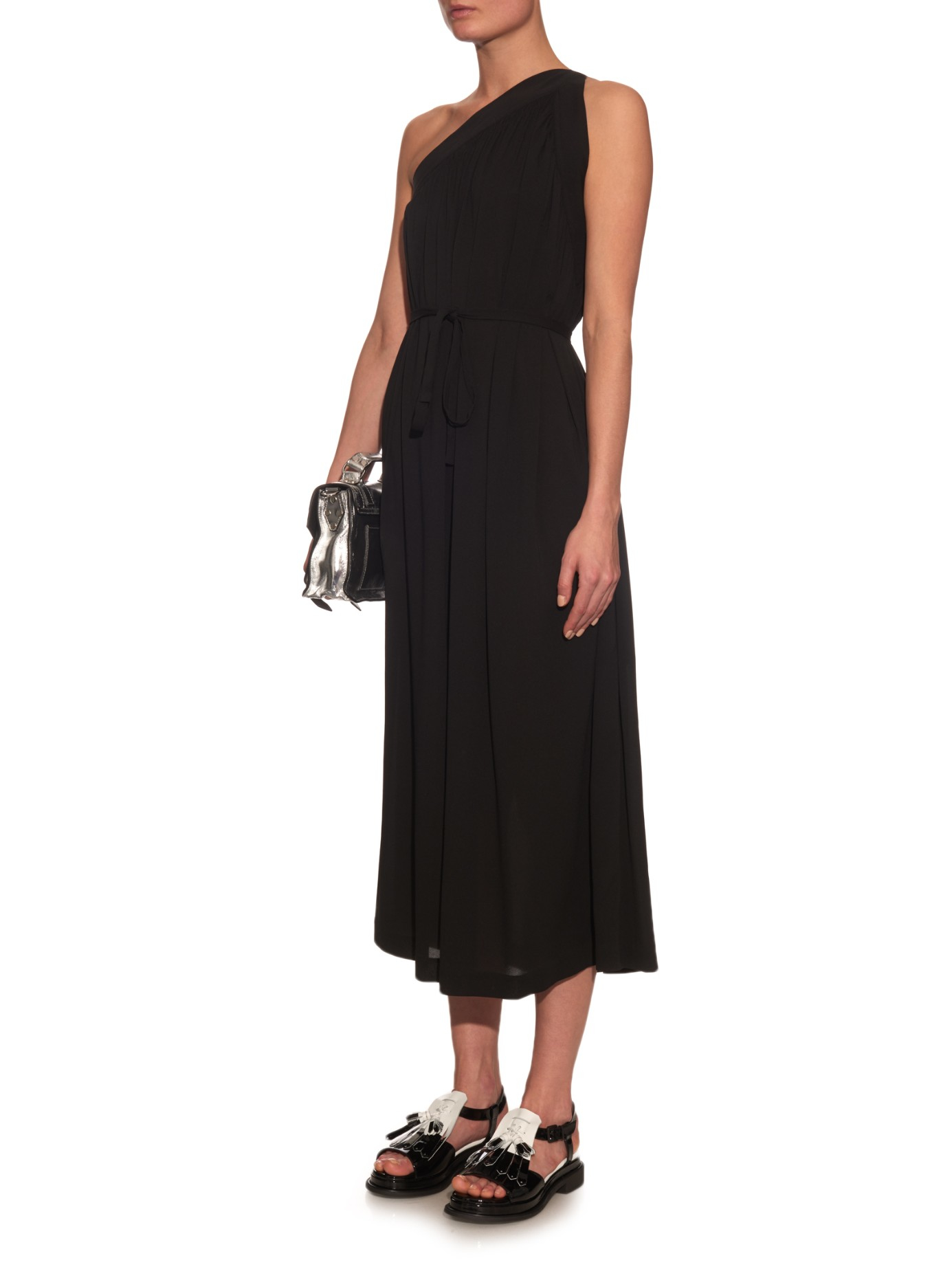 Lyst - Helmut Lang One-shoulder Silk-blend Crepe Midi Dress in Black