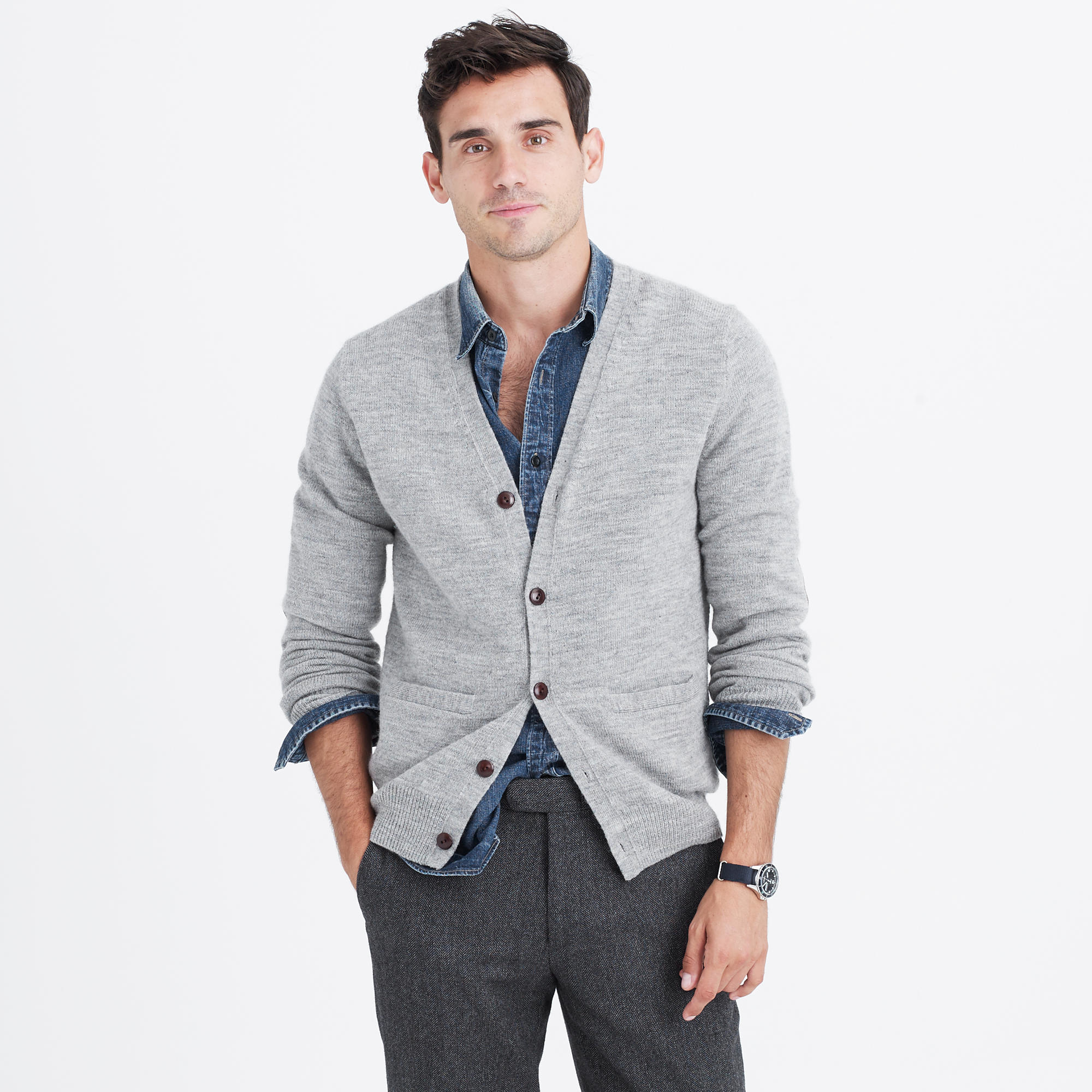 J.Crew Rustic Merino Elbowpatch Cardigan Sweater in Gray for Men Lyst