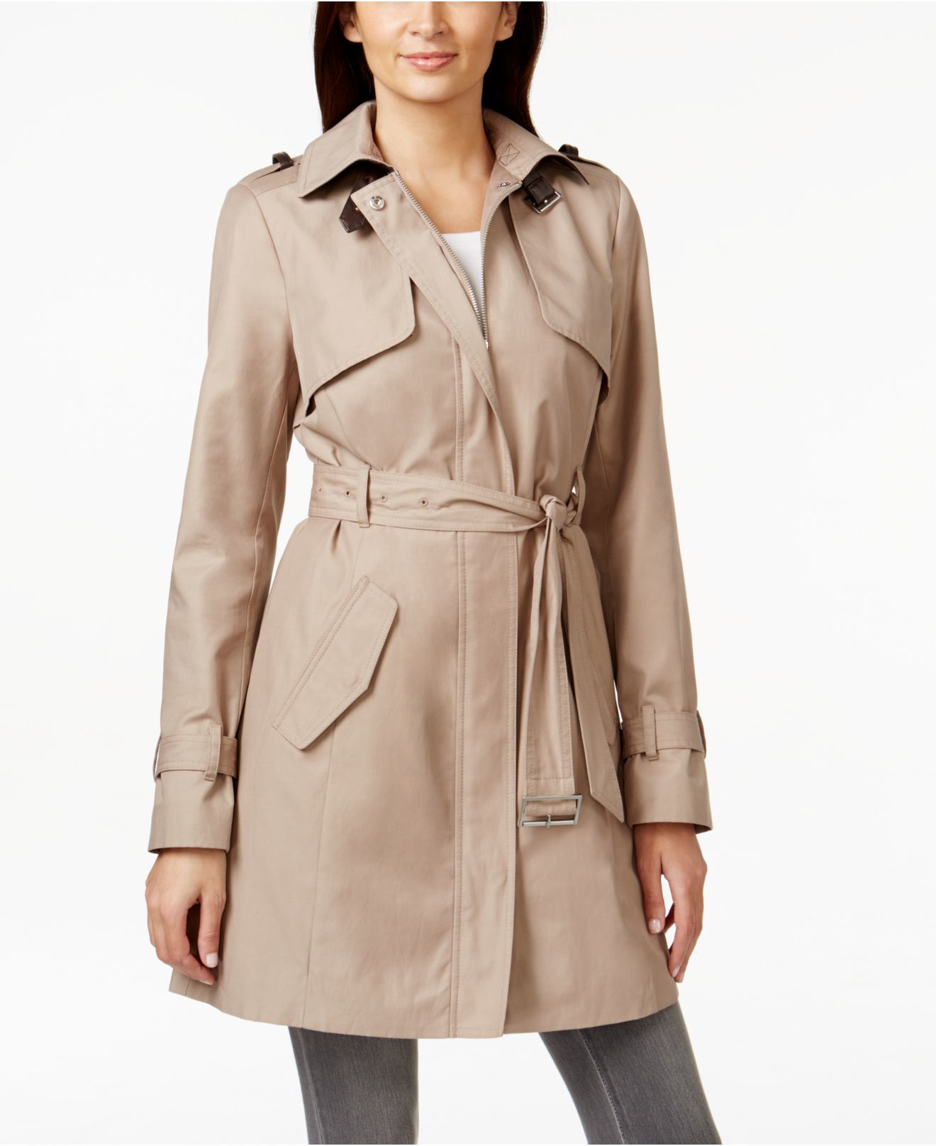 Cole Haan Faux-leather-trim Trench Coat in Natural | Lyst