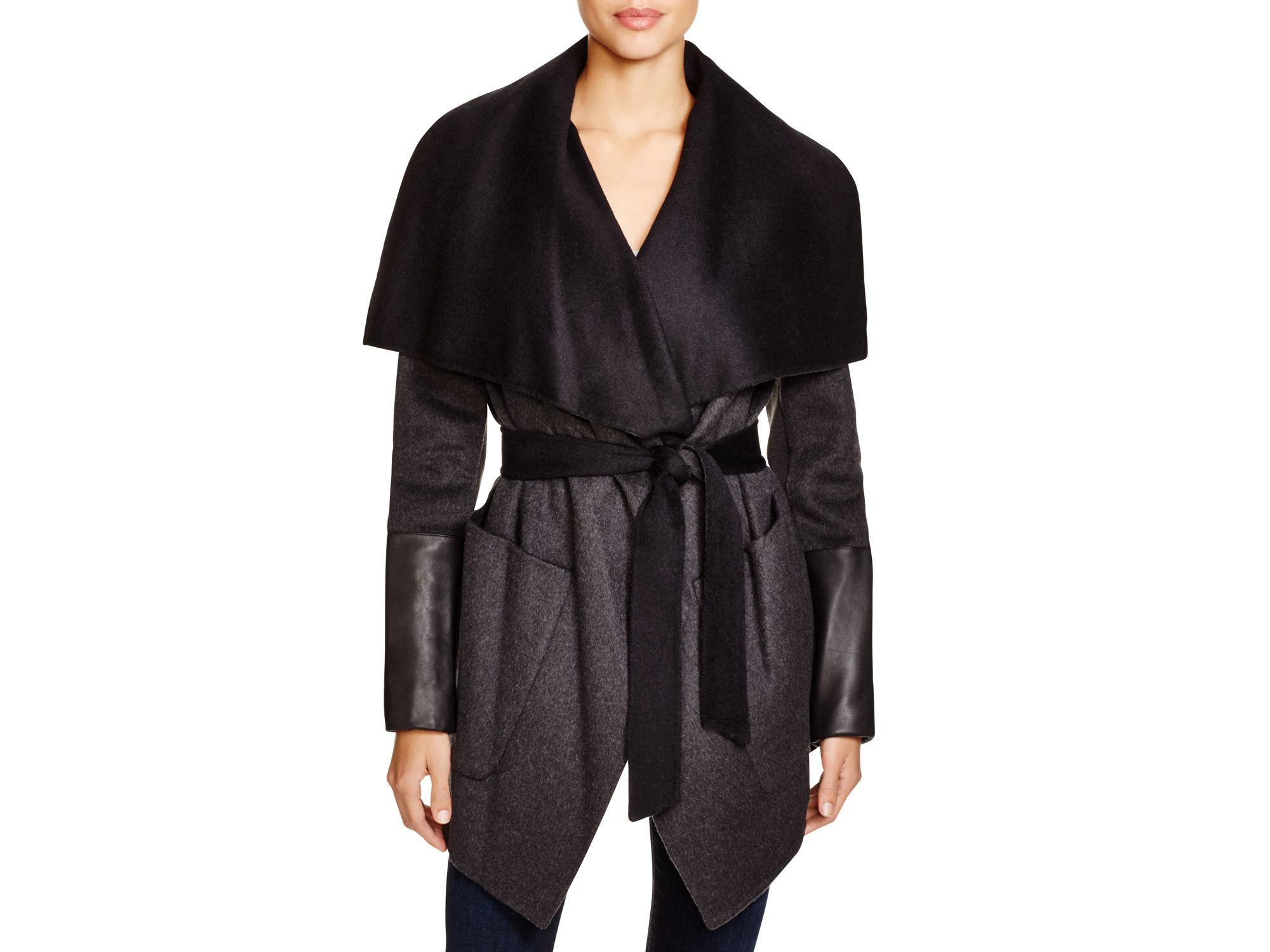BCBGMAXAZRIA Shawl Collar Leather-sleeve Wrap Coat in Black/Charcoal  (Black) - Lyst