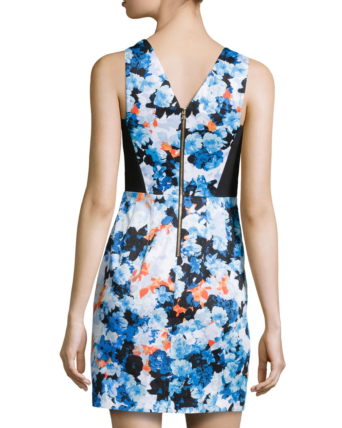 Donna morgan Floral-Print/Solid Zip-Back Dress in Blue (BL 