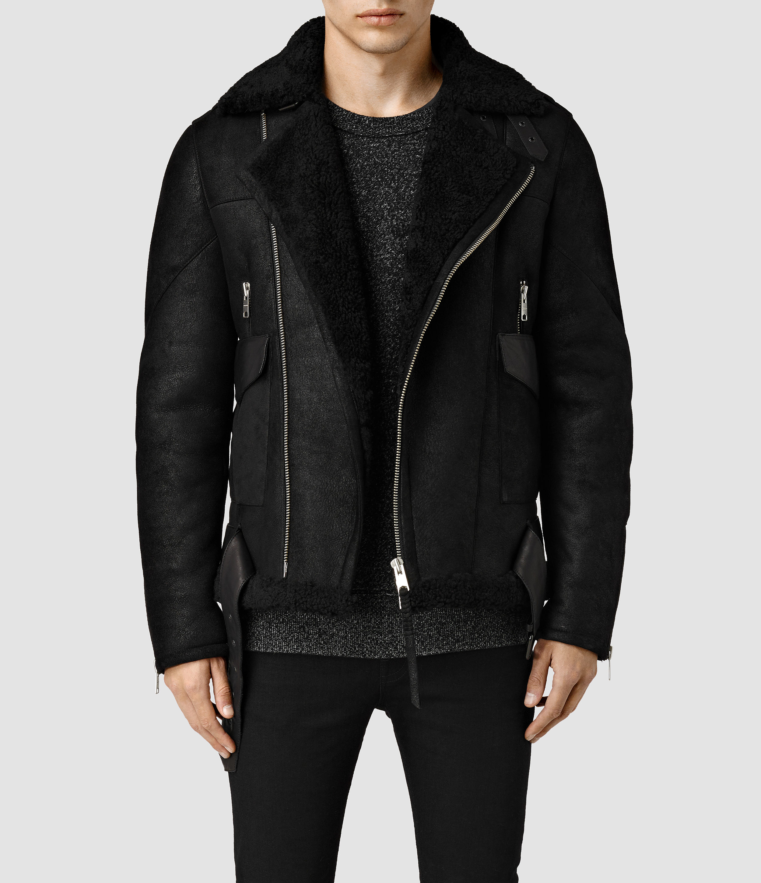AllSaints Leather Takoma Shearling Jacket in Black for Men - Lyst