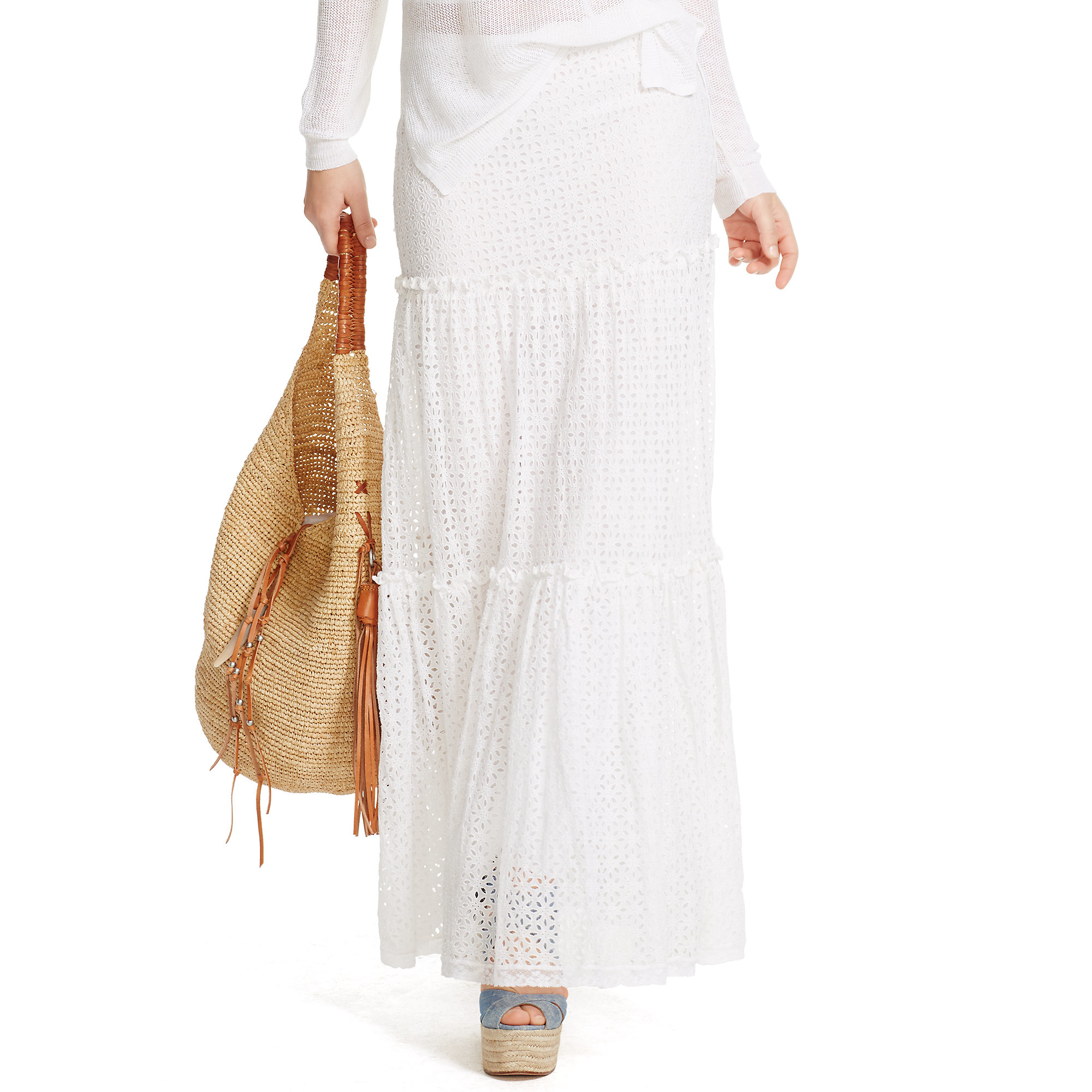 Polo Ralph Lauren Eyelet Cotton Maxiskirt in White | Lyst