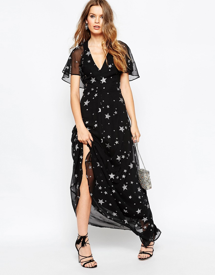 ASOS Glitter Star Flutter Sleeve Maxi Dress in Black | Lyst