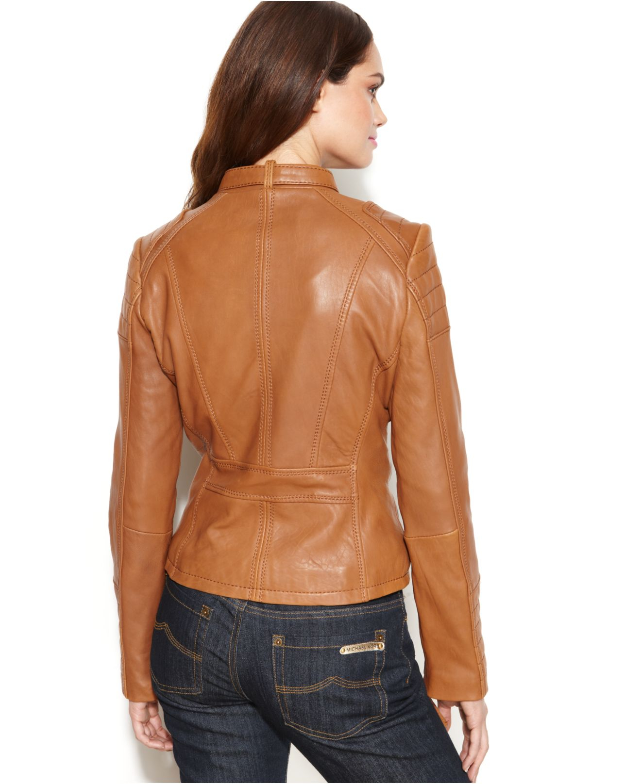 Michael Kors Michael Leather Buckle-Collar Motorcycle Jacket in Brown | Lyst