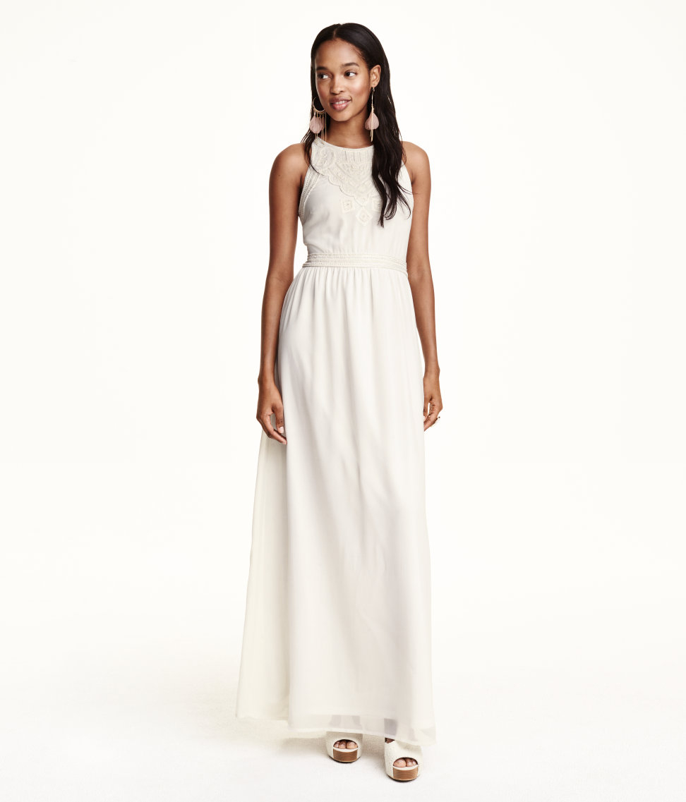H&M Beaded Chiffon Dress in Natural | Lyst