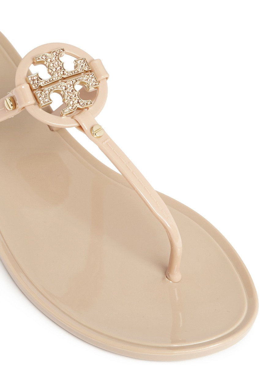 Tory Burch 'Mini Miller' Crystal Logo Jelly Thong Sandals in Natural - Lyst