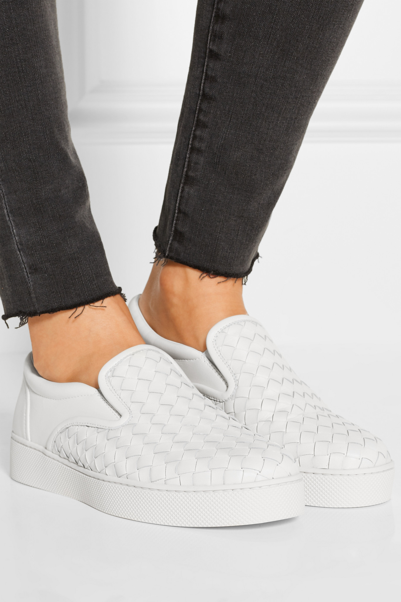 Bottega Veneta Intrecciato Leather Slip-on Sneakers in White