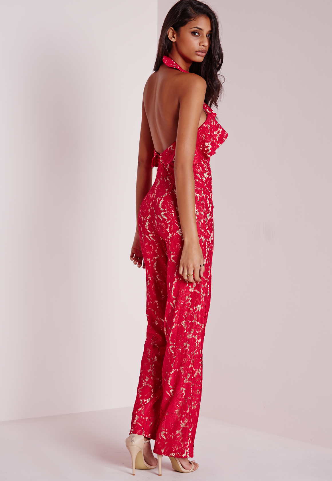 Missguided Lace Frill Halterneck Jumpsuit Red Lyst
