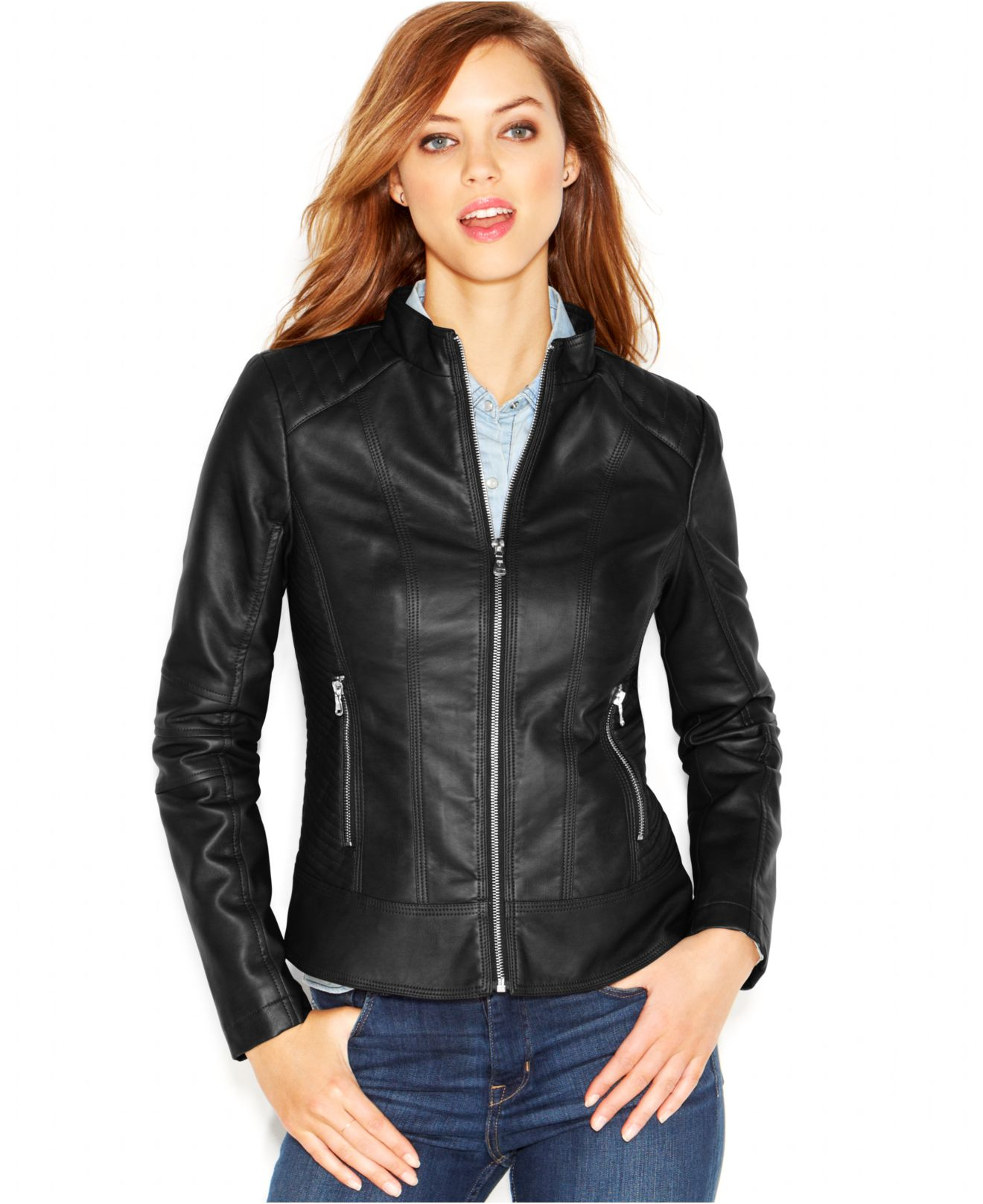 guess women's black leather jacket